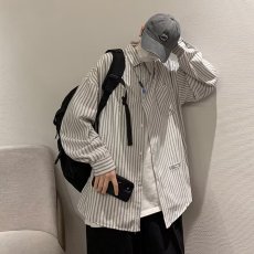 批发春夏季韩版帅气条纹长袖衬衣男日系潮牌宽松学生百搭薄外套衬衫