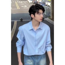 批发蓝色衬衫男春季韩系氛围感穿搭长袖衬衣高级感痞帅薄外套