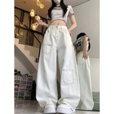 批发美式复古线条口袋设计解构阔腿弯刀牛仔裤男女宽松小众baay<b class='q'>休闲</b>裤