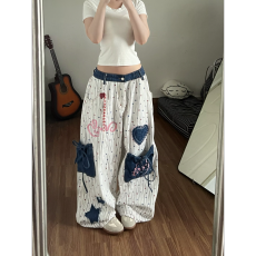 批发星星贴布绣阔腿牛仔裤女夏季满印小众个性辣妹风时尚街头<b class='q'>休闲</b>长裤