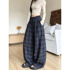 批发复古松弛感抽绳格纹阔腿裤女2026夏季新款宽松显瘦百搭直筒<b class='q'>休闲</b>裤