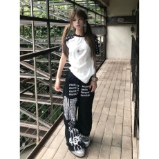 批发美式街头黑色阔腿裤女夏季新款乐谱印花<b class='q'>休闲</b>卫裤子亚文化baggy裤