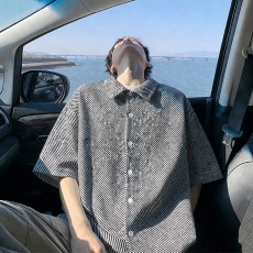 批发小香风斜条纹肌理感衬衫男短袖夏季高级感<b class='q'>男装</b>美式复古五分袖衬衣