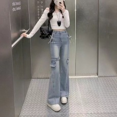 批发设计感皮带拼接工装微喇牛仔裤女春<b class='q'>秋</b>2025新款高腰修身显瘦马蹄裤