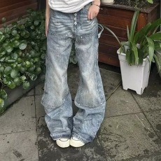 批发美式复古辣妹水洗做旧阔腿牛仔裤女<b class='q'>秋</b>季高腰宽松显瘦百搭拖地长裤