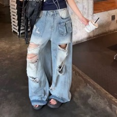 批发潮牌破洞水洗休闲牛仔裤女夏新款洋气高腰宽松显瘦百搭直筒阔腿裤