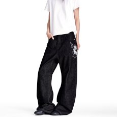 批发春秋美式复古老钱风黑金原色牛仔裤男女宽松休闲垂感阔腿长裤