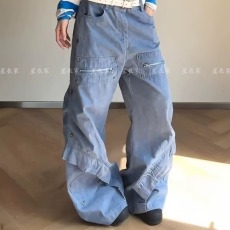 批发美式复古褶皱拼接法工蓝工装裤男女宽松A字版型阔腿长裤