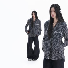 批发美式<b class='q'>街头</b>条纹连帽卫衣女春秋季修身显瘦新款拉链开衫外套上衣