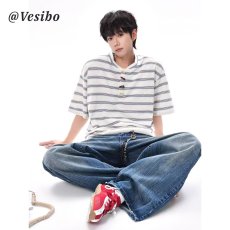 批发美式条纹短袖t恤<b class='q'>男</b>女款潮牌vibe设计感半袖<b class='q'>体恤</b>宽松圆领情侣