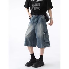 批发水洗多口袋工装<b class='q'>牛仔</b><b class='q'>短裤</b><b class='q'>男</b>款夏季美式街头宽松休闲做旧阔腿七分裤