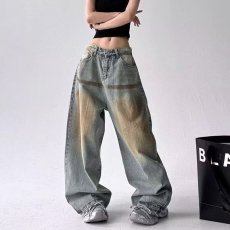 批发美式休闲牛仔裤<b class='q'>女</b>拼接裤脚设计感小众高腰显瘦直筒拖地长裤子