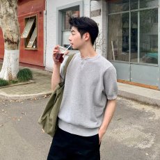 批发美式重磅针织衫华夫格亨利领轻熟毛衣休闲<b class='q'>通勤</b>纯色短袖男士夏季