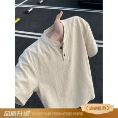 批发美式小众中性设计感cleanfit亨利领短袖T恤<b class='q'>男</b>重磅宽松<b class='q'>体恤</b>