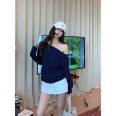 批发240克95%棉+5%氨纶<b class='q'>春</b>秋斜肩一字领露肩宽松长袖t恤女性感上衣