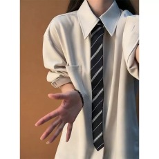 批发米白色假领带拼接<b class='q'>长袖</b><b class='q'>衬衫</b>男女春季高级感<b class='q'>衬衫</b>美式叠穿<b class='q'>情侣装</b>外套