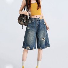 批发美式复古破洞直筒五分裤女夏季新款宽松<b class='q'>大码</b>胖mm做旧阔腿牛仔中裤