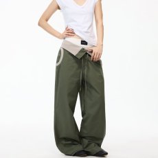 批发美式复古不规则绿色纽扣宽松阔腿裤男女春秋季<b class='q'>设计</b>感垂感长裤潮