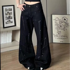 批发美式痞帅泼墨做旧解构拼接三条杠弯刀牛仔裤男款<b class='q'>设计</b>感宽松阔腿裤