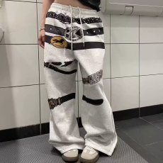 批发春秋<b class='q'>欧美</b>高街男士白色拼接休闲裤直筒弹力潮流休闲<b class='q'>大码</b>修身长裤