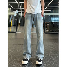批发美式高街斜切牛仔裤<b class='q'>男</b>款夏季薄款修身显瘦微喇<b class='q'>裤子</b>cleanfit直筒裤
