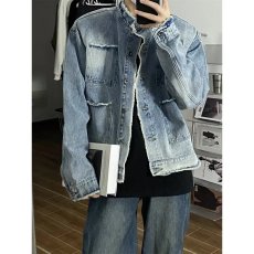 批发美式复古春秋季毛边设计感水洗渐变色牛仔外套男潮牌街头宽松<b class='q'>夹克</b>
