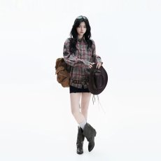 批发原创美式做旧脏染格子长袖衬衫<b class='q'>男</b>女秋季百搭宽松星星贴皮刺绣衬衣