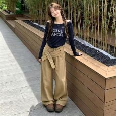 批发松弛感慵懒休闲风卡其色<b class='q'>牛仔裤</b><b class='q'>女</b>小个子宽松遮肉显瘦直筒阔腿<b class='q'>长裤</b>