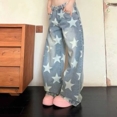 批发美式复古满印星星牛仔裤春秋季新款<b class='q'>设计</b>感宽松直筒宽松阔腿裤子潮