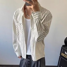 批发春秋日系复古风条纹长袖衬衫<b class='q'>男</b>女宽松休闲百搭翻领<b class='q'>男</b>高级感衬衣