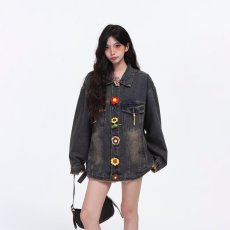 秋冬复古花朵纽扣牛仔外套男女宽松小众设计感美式高街设计感夹克