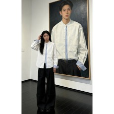 批发白色格子拼接长袖衬衫<b class='q'>男</b>款春季老钱风休闲立领衬衣复古高级感外套