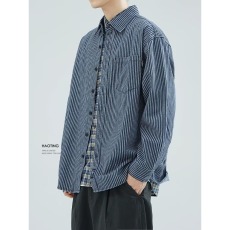 批发美式复古条纹衬衫男装长袖<b class='q'>日系</b>宽松衬衣男士春秋薄款<b class='q'>外套</b>男