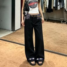 批发美式复古设计感拼接腰头直筒牛仔裤女秋季新款休闲宽松显瘦阔腿裤