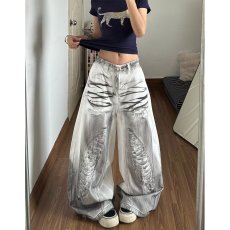 批发美式复古脏染立体猫须水洗设计感白色牛仔裤女款废土风情侣裤子