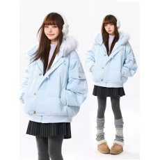 批发甜美温柔风蓝色连帽毛领棉服外套保暖百搭休闲宽松慵懒棉衣潮