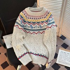批发费尔岛圆领针织衫上衣男女同款红色新年战袍宽松休闲百搭长袖毛衣