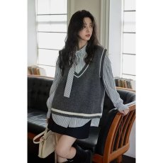 批发春秋季外穿灰色慵懒感设计感撞色复古百搭V领撞边背心马甲ins新款