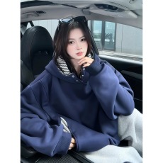 批发新款重磅藏蓝色排扣连帽卫衣男女秋冬加绒加厚鱼骨纹美式潮牌外套