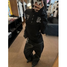 批发美式骷髅头印花亨利领黑色长袖t恤女秋季新款复古修身打底衫上衣