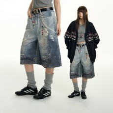 批发大码美式复古满印挂饰阔腿七分牛仔裤<b class='q'>女</b>2025夏季设计感直筒中裤子