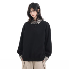 批发美式复古polo衫<b class='q'>情侣</b><b class='q'>卫衣</b>男女假两件格子拼接cleanfit休闲内搭上衣
