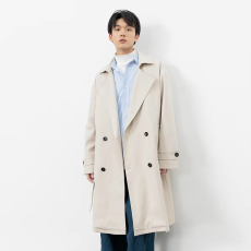 批发2026新款高级感春季男<b class='q'>风衣</b>中长款垂顺纯色双排扣青年潮流翻领外套