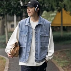 批发潮牌牛仔<b class='q'>马甲</b>外套男春秋季新款潮流百搭宽松坎肩男士无袖工装夹克