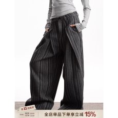 批发原宿潮流气质时尚日系新款ins条纹呢料皱褶解构<b class='q'>设计</b>休闲裤流行