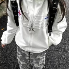 批发美式高街皱痕刺绣立领开衫拉链卫衣女大童初中高中学生外套女夹克