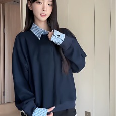 批发美式假两件POLO衫翻领<b class='q'>卫衣</b><b class='q'>男</b>女春季半拉链学院风无帽上衣潮新款
