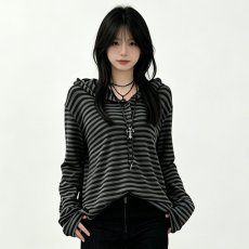 批发高校少女小众松弛感慵懒连帽T恤健身罩衫宽松条纹长袖打底上衣女