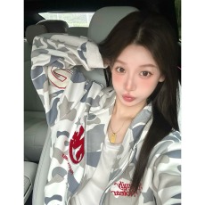 批发美式迷彩字母毛巾绣卫衣连帽女早秋季休闲宽松慵懒风开衫外套上衣