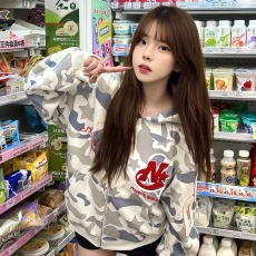 批发美式复古迷彩刺绣连帽开衫卫衣女2026新款宽松慵懒风纯棉上衣外套